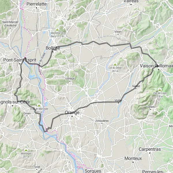 Miniaturní mapa "Road Vaison-la-Romaine - Terrains de fouilles gallo-romaines de la colline du Puymin" inspirace pro cyklisty v oblasti Provence-Alpes-Côte d’Azur, France. Vytvořeno pomocí plánovače tras Tarmacs.app
