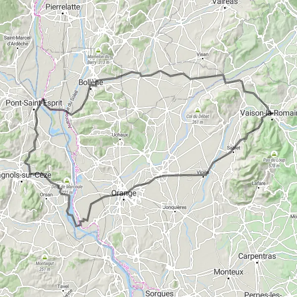 Mapa miniatúra "Náročný okruh s výhľadmi na Orange a Suze-la-Rousse" cyklistická inšpirácia v Provence-Alpes-Côte d’Azur, France. Vygenerované cyklistickým plánovačom trás Tarmacs.app