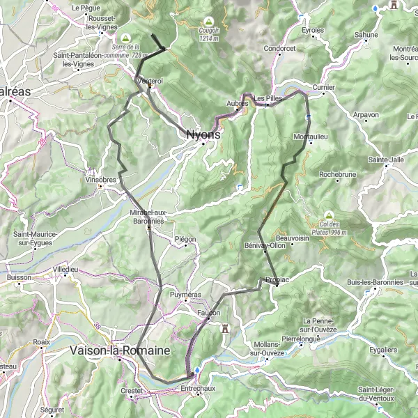 Miniaturní mapa "Kruhová cyklotrasa kolem Vaison-la-Romaine" inspirace pro cyklisty v oblasti Provence-Alpes-Côte d’Azur, France. Vytvořeno pomocí plánovače tras Tarmacs.app