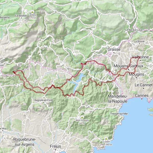 Miniaturní mapa "Gravelová cesta kolem Valbonne: Auribeau-sur-Siagne a zpět" inspirace pro cyklisty v oblasti Provence-Alpes-Côte d’Azur, France. Vytvořeno pomocí plánovače tras Tarmacs.app