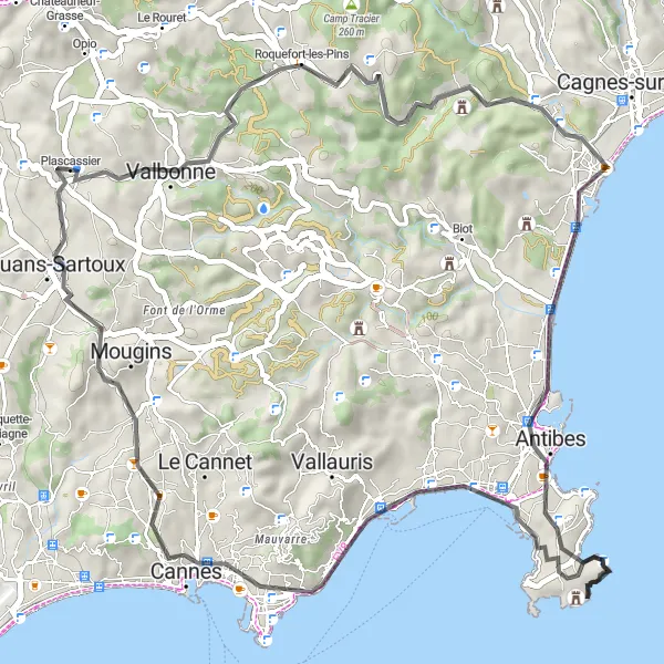 Kartminiatyr av "Roquefort-les-Pins til Mougins rundeveis sykling" sykkelinspirasjon i Provence-Alpes-Côte d’Azur, France. Generert av Tarmacs.app sykkelrutoplanlegger