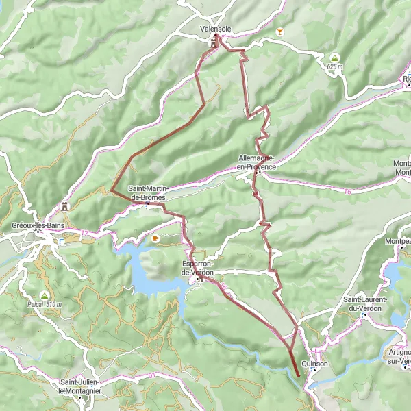 Mapa miniatúra "Gravel cesta okolo Valensole" cyklistická inšpirácia v Provence-Alpes-Côte d’Azur, France. Vygenerované cyklistickým plánovačom trás Tarmacs.app