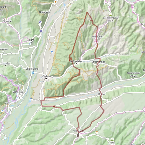 Kartminiatyr av "Gravel Eventyr rundt Valensole" sykkelinspirasjon i Provence-Alpes-Côte d’Azur, France. Generert av Tarmacs.app sykkelrutoplanlegger