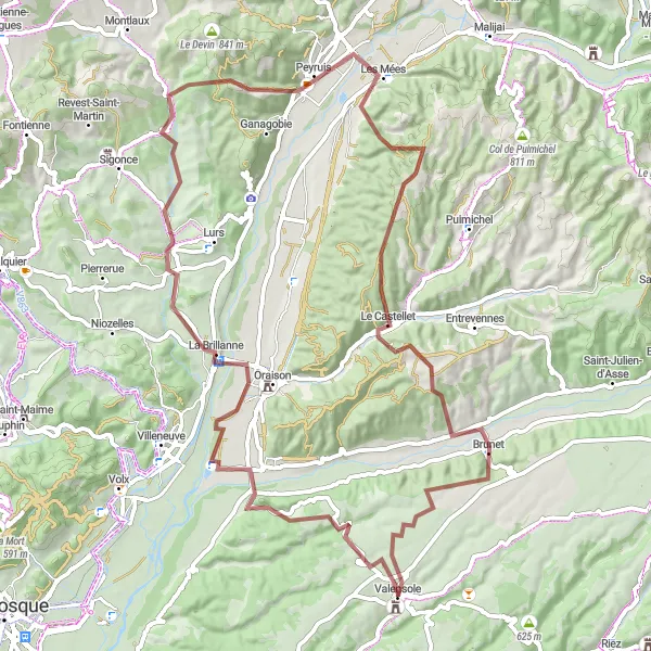 Kartminiatyr av "Château du Grand Jardin och Les Mées äventyrsrunda" cykelinspiration i Provence-Alpes-Côte d’Azur, France. Genererad av Tarmacs.app cykelruttplanerare
