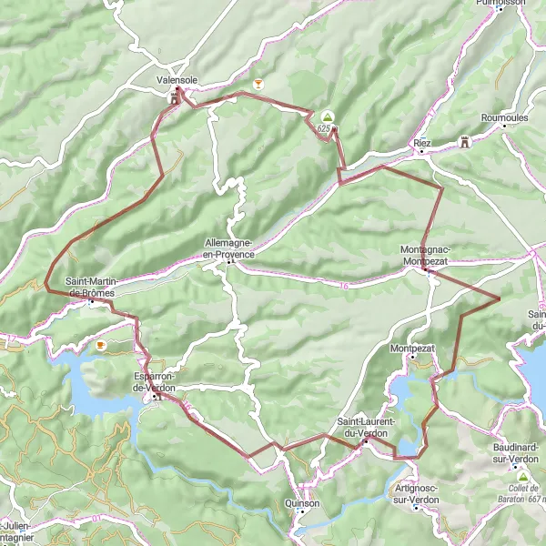 Mapa miniatúra "Gravel cyklotúra cez Montagnac-Montpezat a Belvédère 3" cyklistická inšpirácia v Provence-Alpes-Côte d’Azur, France. Vygenerované cyklistickým plánovačom trás Tarmacs.app