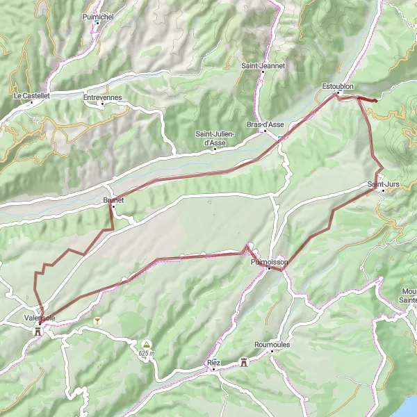 Mapa miniatúra "Gravel cyklotúra cez Estoublon a Saint-Jurs" cyklistická inšpirácia v Provence-Alpes-Côte d’Azur, France. Vygenerované cyklistickým plánovačom trás Tarmacs.app