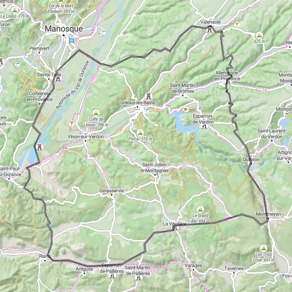 Miniatua del mapa de inspiración ciclista "Ruta en carretera desde Valensole a Montmeyan" en Provence-Alpes-Côte d’Azur, France. Generado por Tarmacs.app planificador de rutas ciclistas