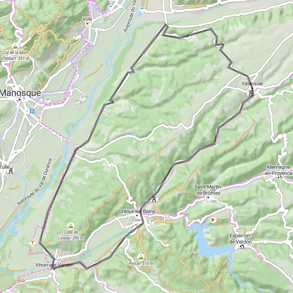 Karttaminiaatyyri "Valensole-Vinon-sur-Verdon Maantiekiertue" pyöräilyinspiraatiosta alueella Provence-Alpes-Côte d’Azur, France. Luotu Tarmacs.app pyöräilyreittisuunnittelijalla