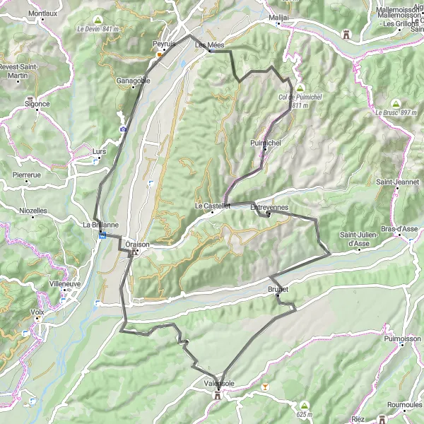 Map miniature of "Oraison Valensole Road Adventure" cycling inspiration in Provence-Alpes-Côte d’Azur, France. Generated by Tarmacs.app cycling route planner