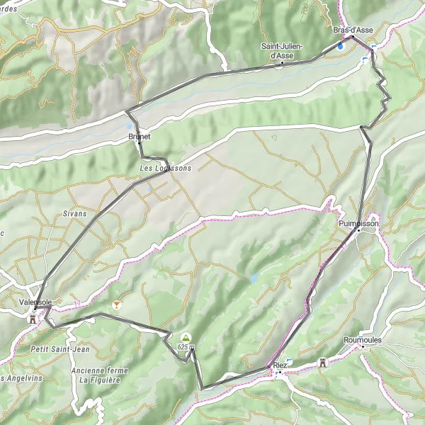 Miniaturní mapa "Cyklo okruh kolem Valensole" inspirace pro cyklisty v oblasti Provence-Alpes-Côte d’Azur, France. Vytvořeno pomocí plánovače tras Tarmacs.app