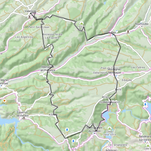 Zemljevid v pomanjšavi "Valensole - Riez - Le Mont Saint-Maxime - Saint-Laurent-du-Verdon - Allemagne-en-Provence - Valensole" kolesarske inspiracije v Provence-Alpes-Côte d’Azur, France. Generirano z načrtovalcem kolesarskih poti Tarmacs.app