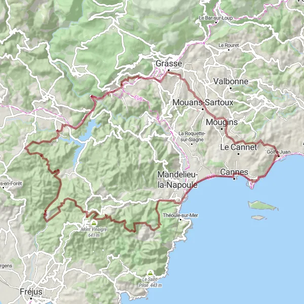 Karttaminiaatyyri "Gravel-reitti Cannesista Golfe-Juaniin" pyöräilyinspiraatiosta alueella Provence-Alpes-Côte d’Azur, France. Luotu Tarmacs.app pyöräilyreittisuunnittelijalla