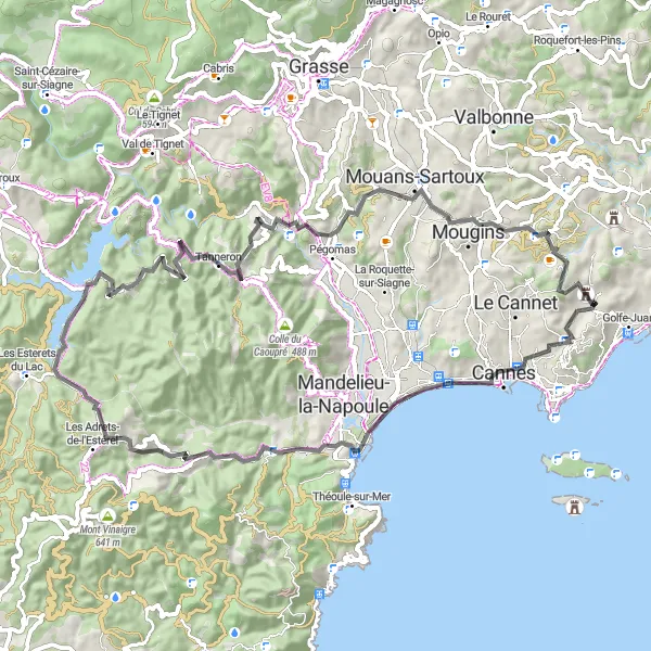 Map miniature of "Road Route to Cannes" cycling inspiration in Provence-Alpes-Côte d’Azur, France. Generated by Tarmacs.app cycling route planner