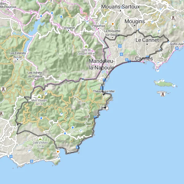 Miniaturní mapa "Relaxační cyklistická cesta k Agay a Mandelieu-la-Napoule" inspirace pro cyklisty v oblasti Provence-Alpes-Côte d’Azur, France. Vytvořeno pomocí plánovače tras Tarmacs.app