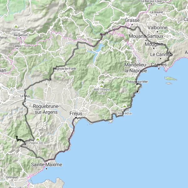 Miniaturní mapa "Cyklistická cesta kolem Vallauris" inspirace pro cyklisty v oblasti Provence-Alpes-Côte d’Azur, France. Vytvořeno pomocí plánovače tras Tarmacs.app