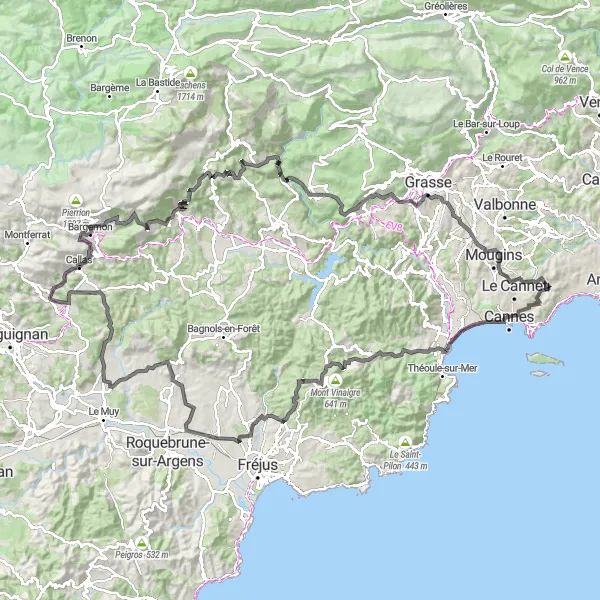 Zemljevid v pomanjšavi "Pristna pot v notranjost Provence" kolesarske inspiracije v Provence-Alpes-Côte d’Azur, France. Generirano z načrtovalcem kolesarskih poti Tarmacs.app