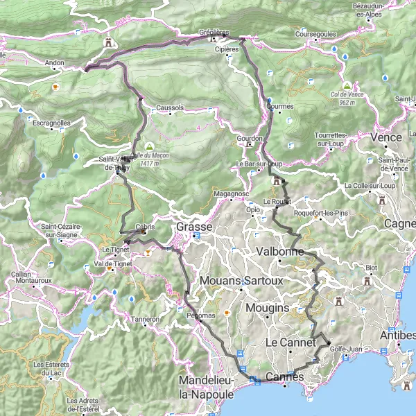 Mapa miniatúra "Vallauris - Col de la Sine - Le Rouret Loop" cyklistická inšpirácia v Provence-Alpes-Côte d’Azur, France. Vygenerované cyklistickým plánovačom trás Tarmacs.app