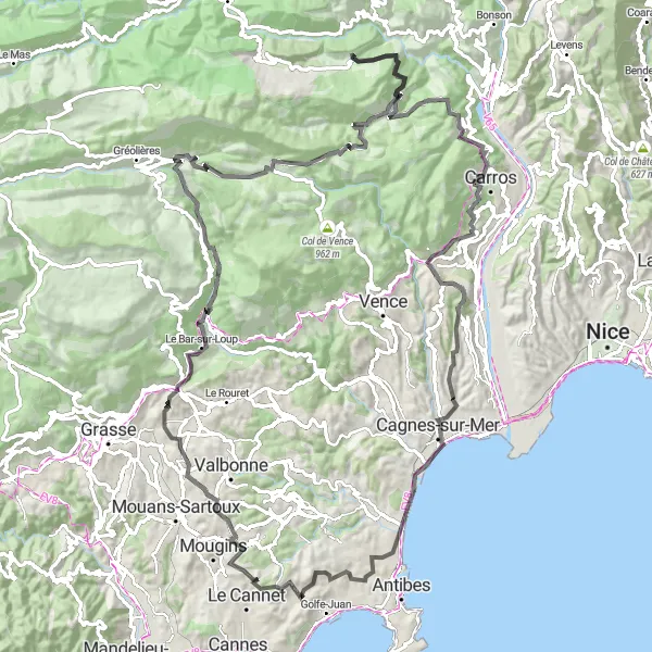 Zemljevid v pomanjšavi "Kolesarska pot v bližini Vallaurisa" kolesarske inspiracije v Provence-Alpes-Côte d’Azur, France. Generirano z načrtovalcem kolesarskih poti Tarmacs.app