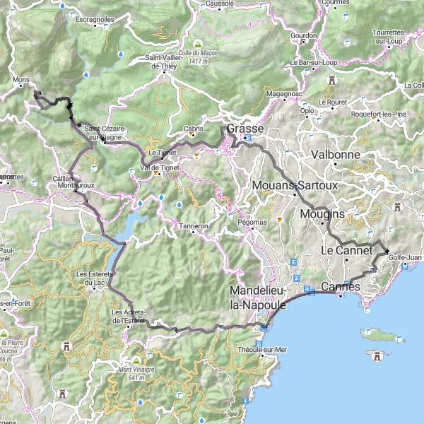 Mapa miniatúra "Vallauris - Grasse - Montauroux Circuit" cyklistická inšpirácia v Provence-Alpes-Côte d’Azur, France. Vygenerované cyklistickým plánovačom trás Tarmacs.app