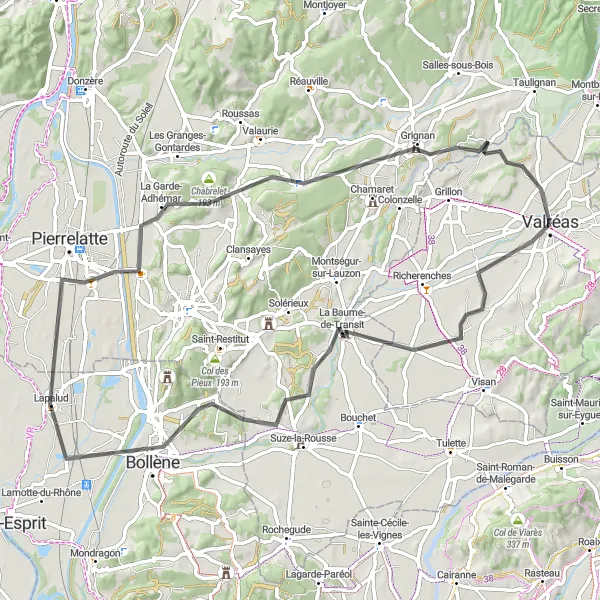 Zemljevid v pomanjšavi "Cestna krožna pot skozi Provanso blizu Valréas" kolesarske inspiracije v Provence-Alpes-Côte d’Azur, France. Generirano z načrtovalcem kolesarskih poti Tarmacs.app