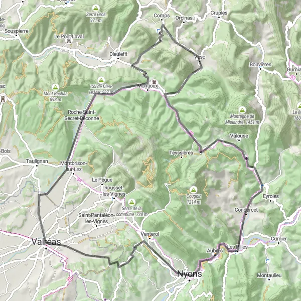 Mapa miniatúra "Valréas - Nyons - Valréas" cyklistická inšpirácia v Provence-Alpes-Côte d’Azur, France. Vygenerované cyklistickým plánovačom trás Tarmacs.app