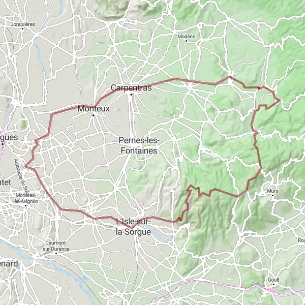 Miniatua del mapa de inspiración ciclista "Ruta de Grava a Villes-sur-Auzon y Col de Murs" en Provence-Alpes-Côte d’Azur, France. Generado por Tarmacs.app planificador de rutas ciclistas