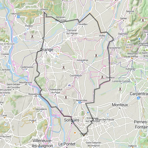 Map miniature of "Vedène to Entraigues-sur-la-Sorgue Loop" cycling inspiration in Provence-Alpes-Côte d’Azur, France. Generated by Tarmacs.app cycling route planner