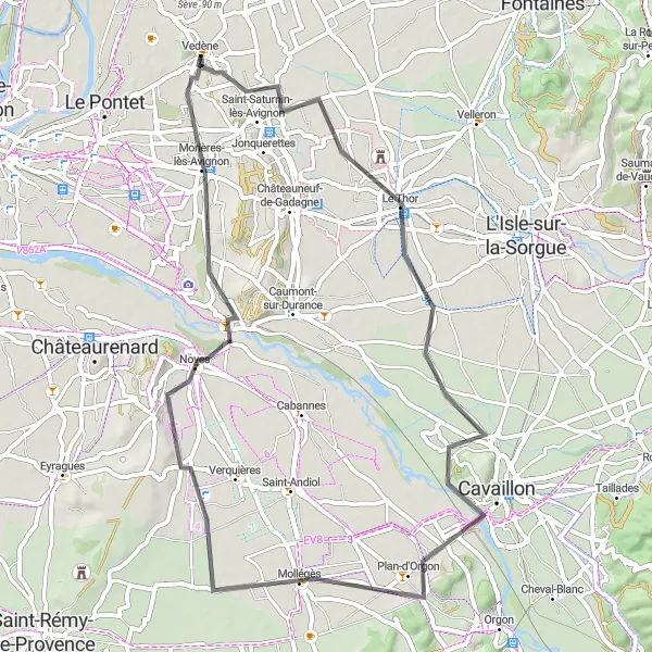 Map miniature of "Vedène Loop" cycling inspiration in Provence-Alpes-Côte d’Azur, France. Generated by Tarmacs.app cycling route planner