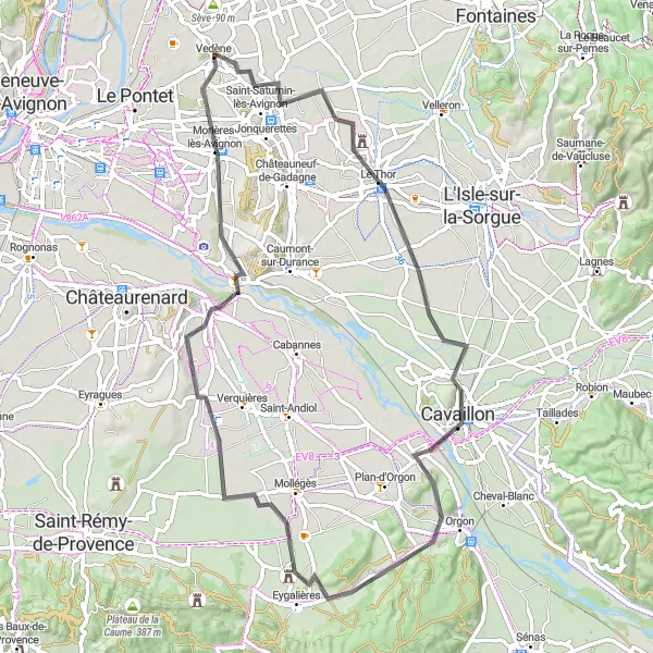 Mapa miniatúra "Road Vedène - Le Thor - Morières-lès-Avignon Loop" cyklistická inšpirácia v Provence-Alpes-Côte d’Azur, France. Vygenerované cyklistickým plánovačom trás Tarmacs.app