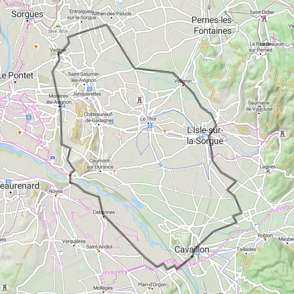 Kartminiatyr av "Vedène to Althen-des-Paluds and Morières-lès-Avignon Road Cycling Route" sykkelinspirasjon i Provence-Alpes-Côte d’Azur, France. Generert av Tarmacs.app sykkelrutoplanlegger