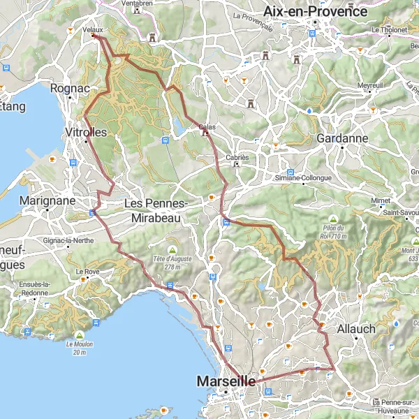 Mapa miniatúra "Gravel okolo Velaux s prehľadným pohľadom na oblasť" cyklistická inšpirácia v Provence-Alpes-Côte d’Azur, France. Vygenerované cyklistickým plánovačom trás Tarmacs.app