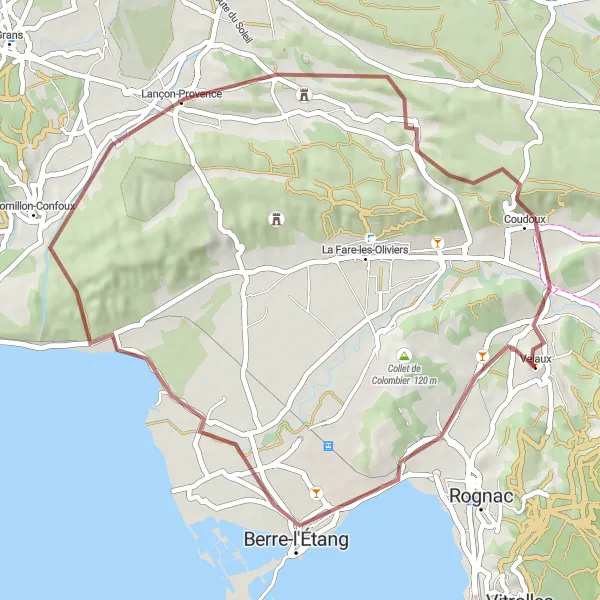 Miniaturní mapa "Gravelový okruh přes Berre-l'Étang" inspirace pro cyklisty v oblasti Provence-Alpes-Côte d’Azur, France. Vytvořeno pomocí plánovače tras Tarmacs.app