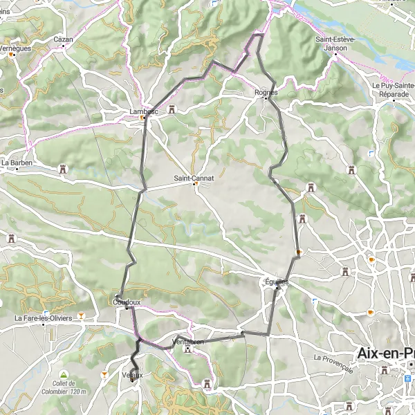 Kartminiatyr av "Velaux - Coudoux - Lambesc - Rognes - Éguilles - Velaux" sykkelinspirasjon i Provence-Alpes-Côte d’Azur, France. Generert av Tarmacs.app sykkelrutoplanlegger