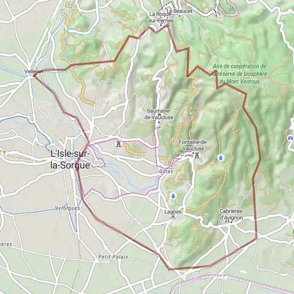 Kartminiatyr av "Grusväg till La Roque-sur-Pernes och L'Isle-sur-la-Sorgue" cykelinspiration i Provence-Alpes-Côte d’Azur, France. Genererad av Tarmacs.app cykelruttplanerare