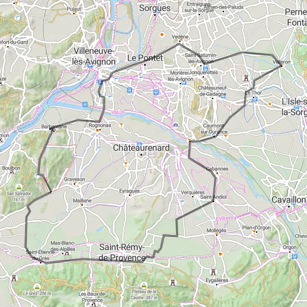 Miniaturní mapa "Okruh přes Caumont-sur-Durance a Cabannes" inspirace pro cyklisty v oblasti Provence-Alpes-Côte d’Azur, France. Vytvořeno pomocí plánovače tras Tarmacs.app