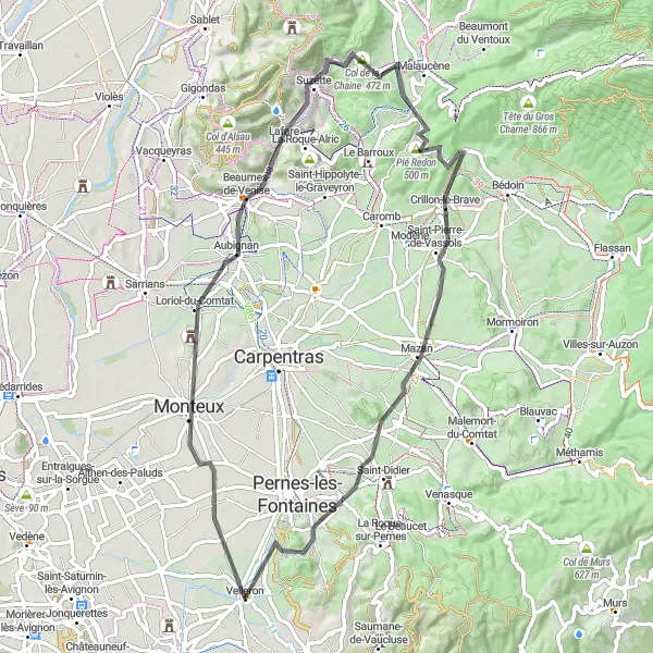 Miniaturní mapa "Provensálské cyklistické dobrodružství" inspirace pro cyklisty v oblasti Provence-Alpes-Côte d’Azur, France. Vytvořeno pomocí plánovače tras Tarmacs.app