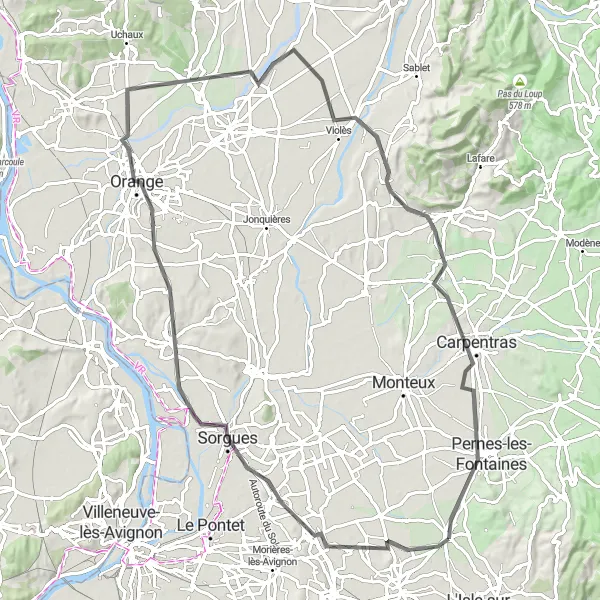 Miniaturní mapa "Historická cyklotrasa skrz Provence" inspirace pro cyklisty v oblasti Provence-Alpes-Côte d’Azur, France. Vytvořeno pomocí plánovače tras Tarmacs.app