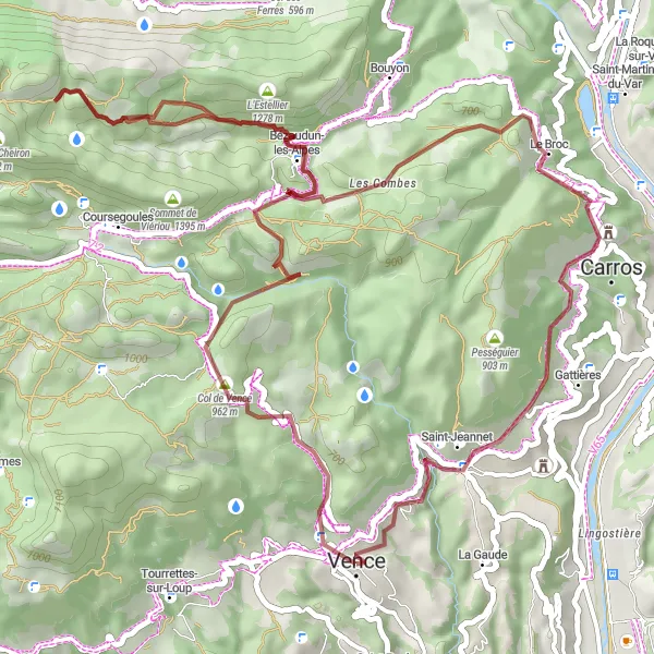 Map miniature of "Vence to Carros Gravel Journey" cycling inspiration in Provence-Alpes-Côte d’Azur, France. Generated by Tarmacs.app cycling route planner