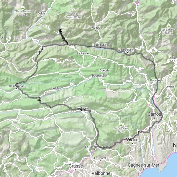 Zemljevid v pomanjšavi "Izzivajoča kolesarska avantura skozi Provanso" kolesarske inspiracije v Provence-Alpes-Côte d’Azur, France. Generirano z načrtovalcem kolesarskih poti Tarmacs.app