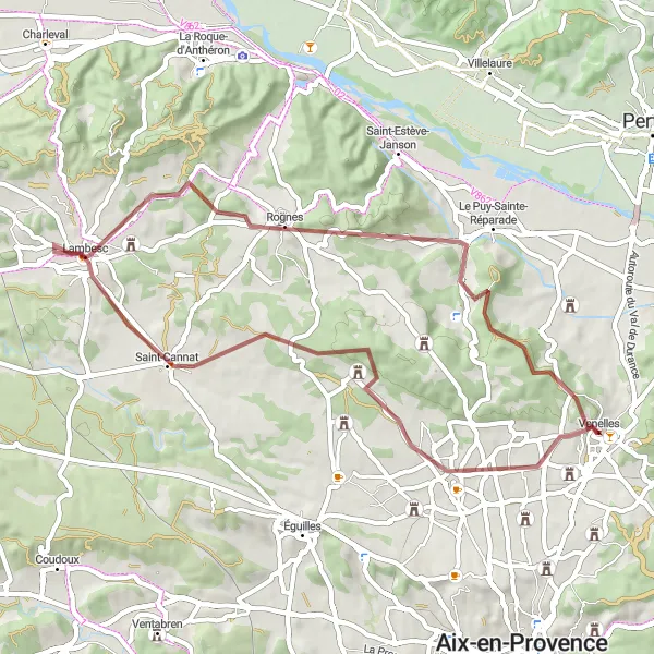 Miniatua del mapa de inspiración ciclista "Ruta de Saint-Cannat a Venelles" en Provence-Alpes-Côte d’Azur, France. Generado por Tarmacs.app planificador de rutas ciclistas