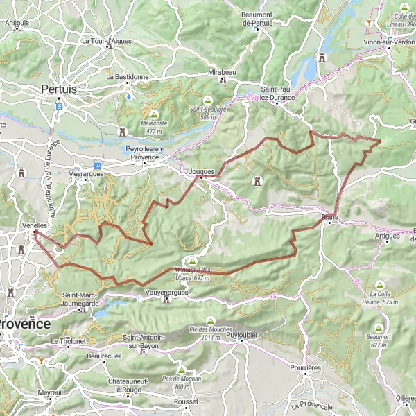 Miniature de la carte de l'inspiration cycliste "Circuit gravel à travers le Massif de la Sainte-Victoire" dans la Provence-Alpes-Côte d’Azur, France. Générée par le planificateur d'itinéraire cycliste Tarmacs.app