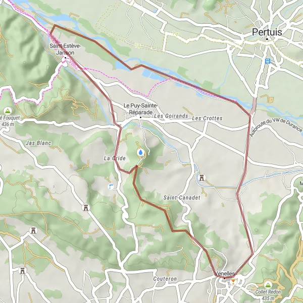 Miniaturní mapa "Okolo Saint-Estève-Janson" inspirace pro cyklisty v oblasti Provence-Alpes-Côte d’Azur, France. Vytvořeno pomocí plánovače tras Tarmacs.app