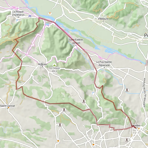 Zemljevid v pomanjšavi "Pustolovščina med Château de Cabanes in Venellesom" kolesarske inspiracije v Provence-Alpes-Côte d’Azur, France. Generirano z načrtovalcem kolesarskih poti Tarmacs.app