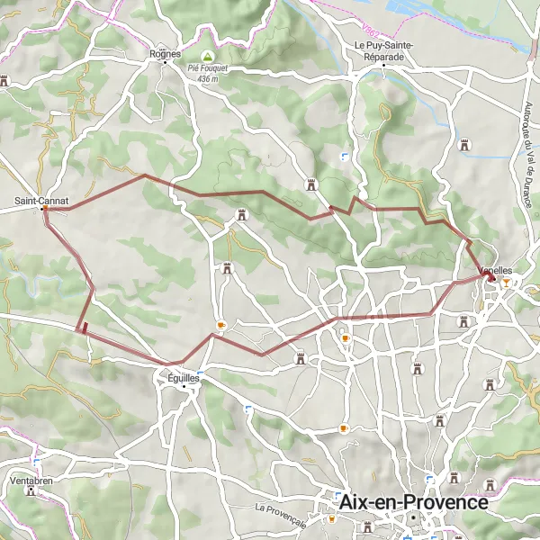 Kartminiatyr av "Grusvei sykkeltur fra Venelles" sykkelinspirasjon i Provence-Alpes-Côte d’Azur, France. Generert av Tarmacs.app sykkelrutoplanlegger