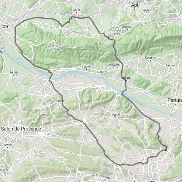 Miniaturekort af cykelinspirationen "Rundtur fra Venelles til Bonnieux og tilbage" i Provence-Alpes-Côte d’Azur, France. Genereret af Tarmacs.app cykelruteplanlægger