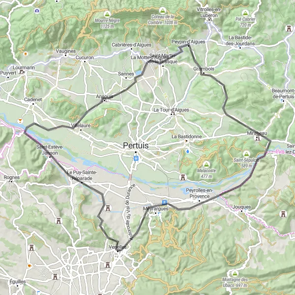 Karten-Miniaturansicht der Radinspiration "Road-Tour nach Grambois und Peyrolles-en-Provence" in Provence-Alpes-Côte d’Azur, France. Erstellt vom Tarmacs.app-Routenplaner für Radtouren