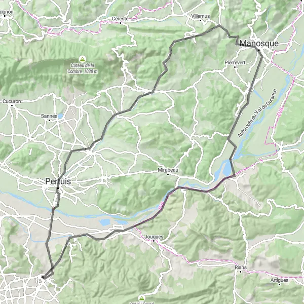 Zemljevid v pomanjšavi "Venelles - Manosque" kolesarske inspiracije v Provence-Alpes-Côte d’Azur, France. Generirano z načrtovalcem kolesarskih poti Tarmacs.app