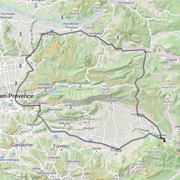 Miniaturní mapa "Cyklistická cesta okolo Venelles" inspirace pro cyklisty v oblasti Provence-Alpes-Côte d’Azur, France. Vytvořeno pomocí plánovače tras Tarmacs.app