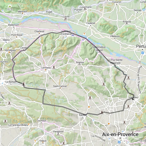 Miniature de la carte de l'inspiration cycliste "Itinéraire à travers les villages provençaux" dans la Provence-Alpes-Côte d’Azur, France. Générée par le planificateur d'itinéraire cycliste Tarmacs.app