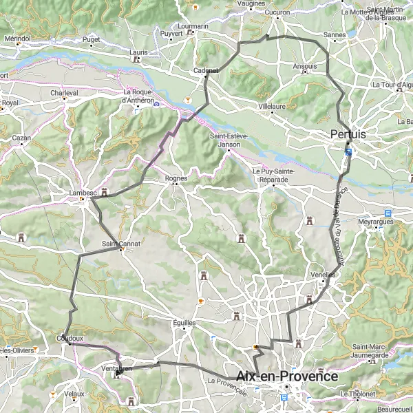 Kartminiatyr av "Ventabren til Saint-Cannat Loop" sykkelinspirasjon i Provence-Alpes-Côte d’Azur, France. Generert av Tarmacs.app sykkelrutoplanlegger